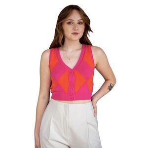 Blush Boutique Preppy Tennis Orange & Pink Argyle Sweater Knit Vest Medium